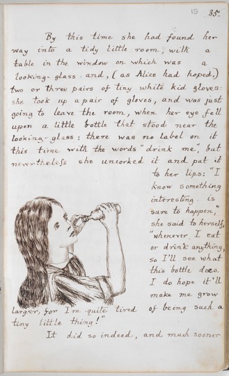 Alice's Adventures Under Ground [in Wonderland]: 'Alice drinks to grow taller' (British Library, 1862-64)